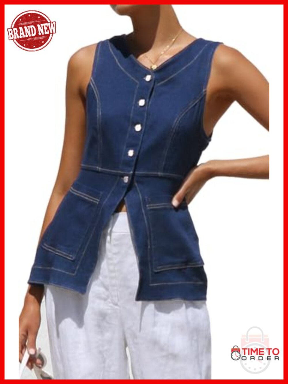 Denim Vest for Women Button Up Sleeveless Jean Vest with Pockets